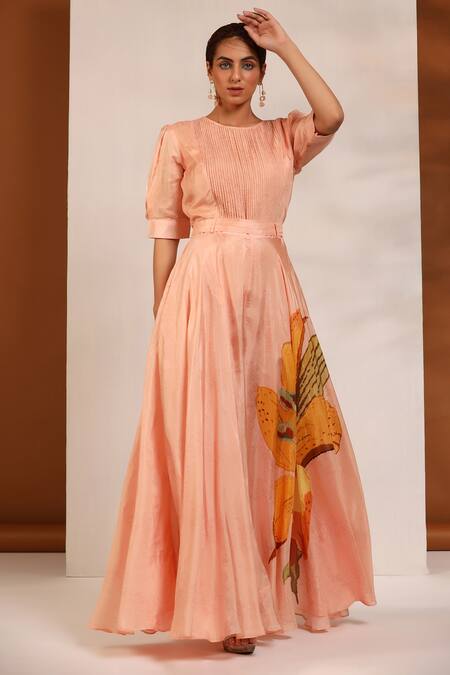 Buy_Koashee By Shubitaa_Peach Bemberg Silk, Lining Cambric Floral Round Pattern Pleated Jumpsuit _Online_at_Aza_Fashions