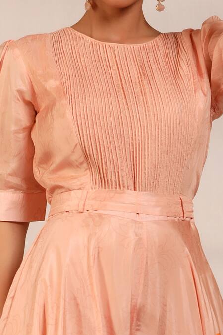 Shop_Koashee By Shubitaa_Peach Bemberg Silk, Lining Cambric Floral Round Pattern Pleated Jumpsuit _Online_at_Aza_Fashions