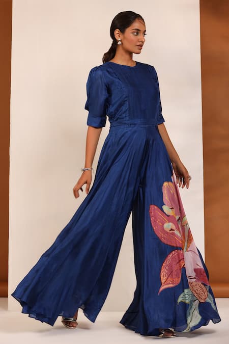 Koashee By Shubitaa_Blue Bemberg Silk, Lining Cambric Floral Round Pattern Pleated Jumpsuit _Online_at_Aza_Fashions