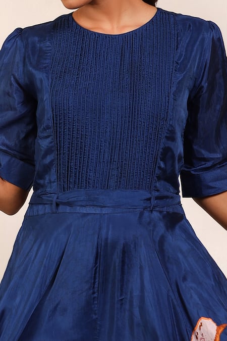 Shop Koashee By Shubitaa Blue Bemberg Silk, Lining Cambric Floral Round Pattern Pleated Jumpsuit Online at Aza Fashions Shop_Koashee By Shubitaa_Blue Bemberg Silk, Lining Cambric Floral Round Pattern Pleated Jumpsuit _Online_at_Aza_Fashions