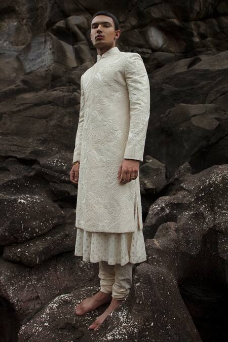 Shop_Jayesh Shah_White Pure Silk Bead , Thread Embroidered Sherwani Set_at_Aza_Fashions