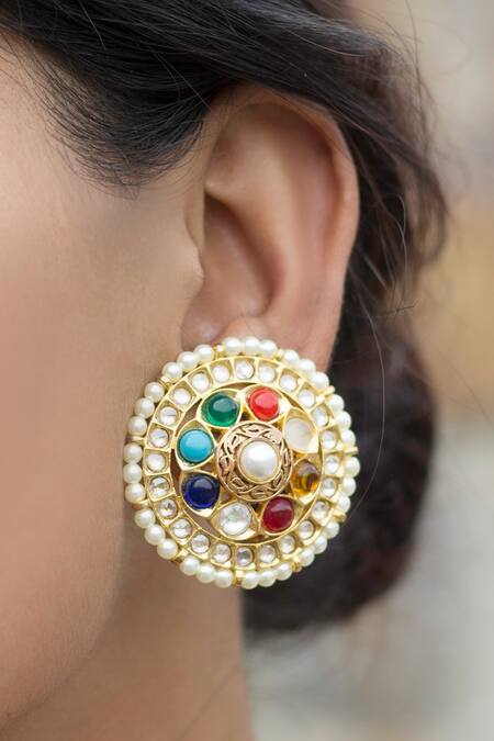 Gold Plated Circular Shape White Color Stone Stud Earring