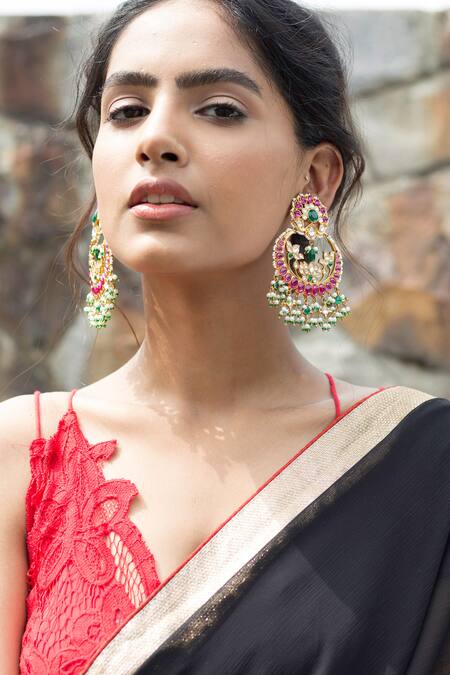 Just Shradhas_Gold Plated Pearls Floral Stone Chandbalis _Online_at_Aza_Fashions