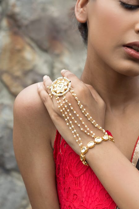 Just Shradhas_Gold Plated Pearls Kundan Hathphool _Online_at_Aza_Fashions