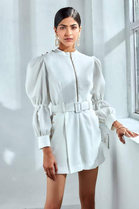 Label Deepika Nagpal White Luxury Heavy Crepe 74% Polyester Embellished Band Puff Sleeve Playsuit 