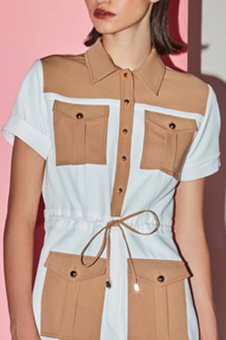 Label Deepika Nagpal_White 23% Viscose, 3% Elastane, Luxury Heavy Crepe 74% Pocketed Playsuit _Online_at_Aza_Fashions