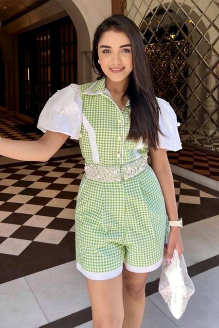 Label Deepika Nagpal_Green Premium Cotton Checks Collared Neck Checkered Jumpsuit_Online_at_Aza_Fashions