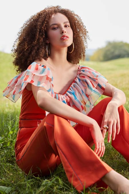 Label Deepika Nagpal_Orange One Shoulder Ruffle Jumpsuit_Online_at_Aza_Fashions