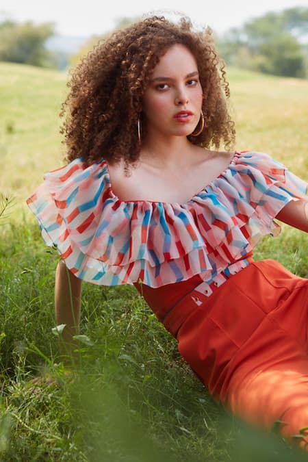 Buy_Label Deepika Nagpal_Orange One Shoulder Ruffle Jumpsuit_Online_at_Aza_Fashions