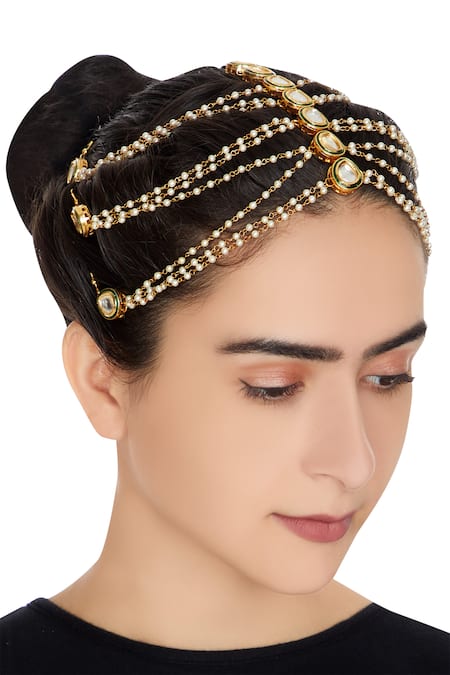 Just Shradhas_Gold Plated Multiple Pearl Chain Link Maangtikka _Online_at_Aza_Fashions