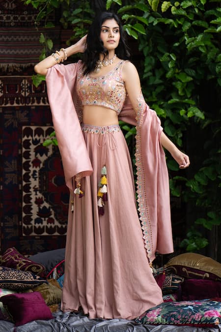 Buy Pink Rayon Flex Embroidery Round Blouse And Lehenga Set For Women ...