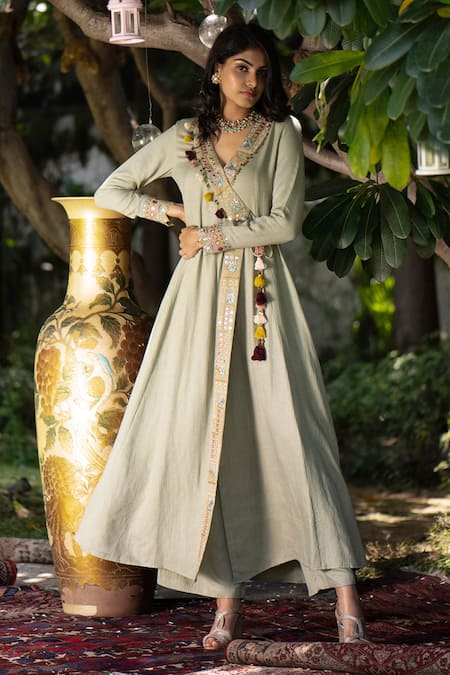 Inej Green Rayon Flex V Neck Angrakha Set 