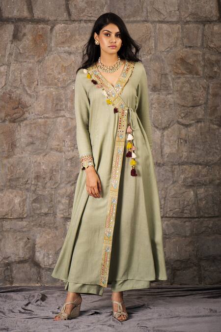 Inej_Green Rayon Flex V Neck Angrakha Set_Online_at_Aza_Fashions