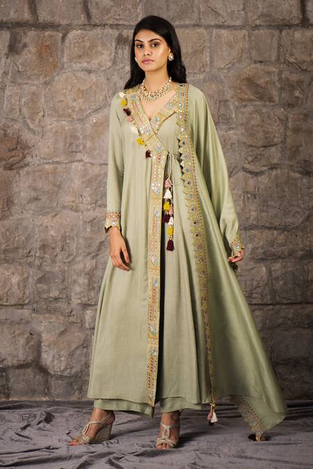Shop_Inej_Green Rayon Flex V Neck Angrakha Set_Online_at_Aza_Fashions