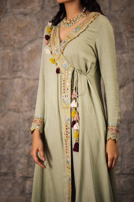 Inej_Green Rayon Flex V Neck Angrakha Set_at_Aza_Fashions