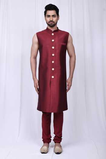 Aryavir Malhotra_Maroon Art Silk, Chicken Thread Embroidered Sherwani And Jacket Set_Online_at_Aza_Fashions