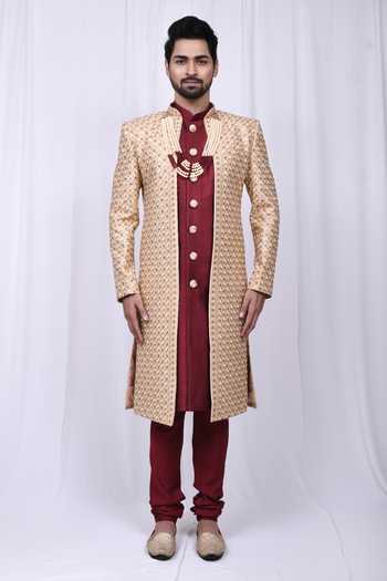 Buy_Aryavir Malhotra_Maroon Art Silk, Chicken Thread Embroidered Sherwani And Jacket Set_Online_at_Aza_Fashions