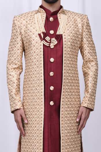 Shop_Aryavir Malhotra_Maroon Art Silk, Chicken Thread Embroidered Sherwani And Jacket Set_Online_at_Aza_Fashions