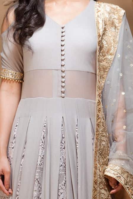 Shop Jyoti Sachdev Iyer Grey Georgette V Neck Embroidered Anarkali With Dupatta at Aza Fashions Shop_Jyoti Sachdev Iyer_Grey Georgette V Neck Embroidered Anarkali With Dupatta _at_Aza_Fashions