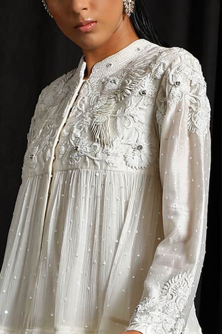 Shop_Jyoti Sachdev Iyer_White Chanderi Round Embroidered Kurta And Sharara _at_Aza_Fashions
