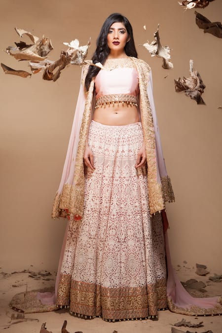 Jyoti Sachdev Iyer Peach Chanderi, Georgette, Bamberg Round Embroidered Lehenga And Cape Set