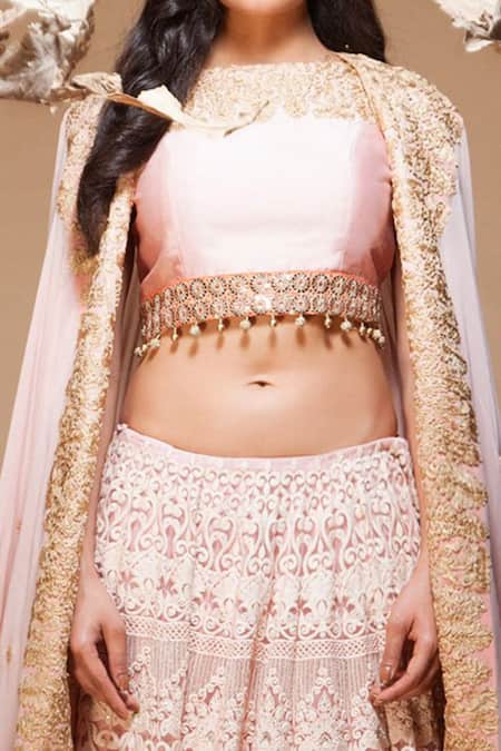 Shop Jyoti Sachdev Iyer Peach Chanderi, Georgette, Bamberg Round Embroidered Lehenga And Cape Set at Aza Fashions Shop_Jyoti Sachdev Iyer_Peach Chanderi, Georgette, Bamberg Round Embroidered Lehenga And Cape Set _at_Aza_Fashions