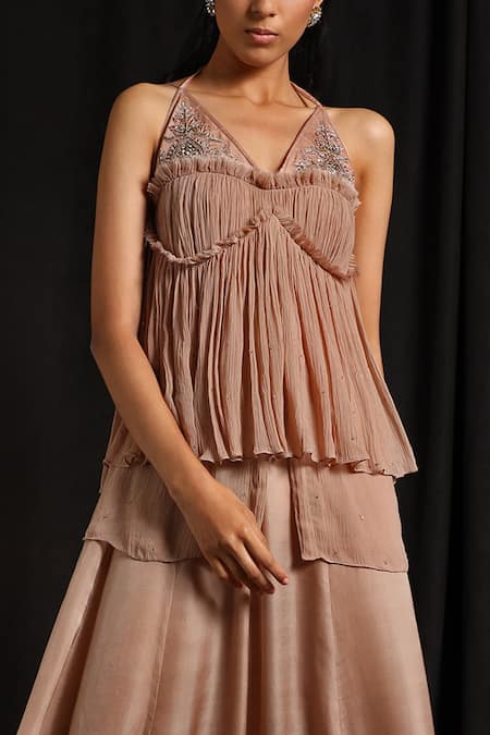 Shop Jyoti Sachdev Iyer Peach Chiffon V Neck Embroidered Layered Dress at Aza Fashions Shop_Jyoti Sachdev Iyer_Peach Chiffon V Neck Embroidered Layered Dress _at_Aza_Fashions