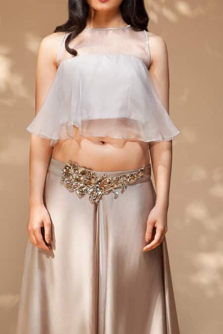 Shop Jyoti Sachdev Iyer Grey Organza Round Top And Flared Pant Set at Aza Fashions Shop_Jyoti Sachdev Iyer_Grey Organza Round Top And Flared Pant Set _at_Aza_Fashions