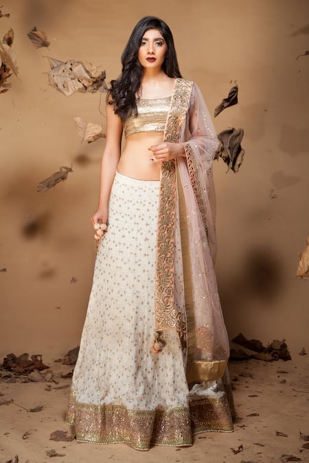Jyoti Sachdev Iyer Gold Net, Chiffon, Georgette, Bamberg Round Embroidered Lehenga Set