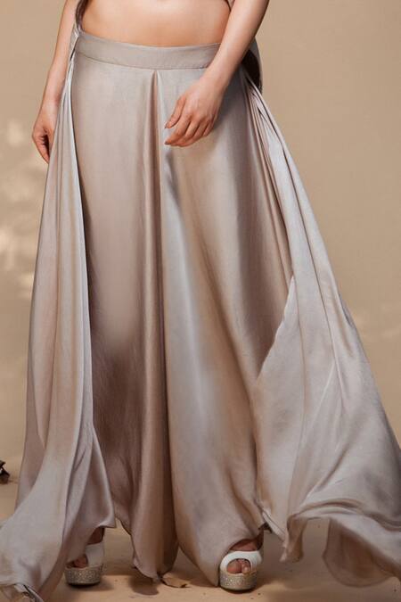 Jyoti Sachdev Iyer_Grey Chanderi Round Crop Top And Flared Pant Set _Online_at_Aza_Fashions