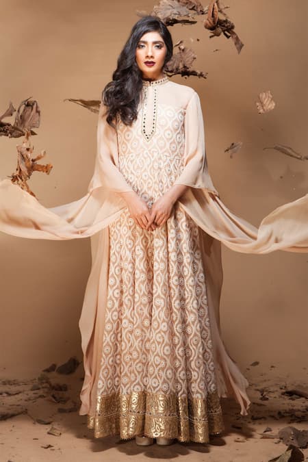 Jyoti Sachdev Iyer Beige Georgette Band Collar Embroidered Anarkali