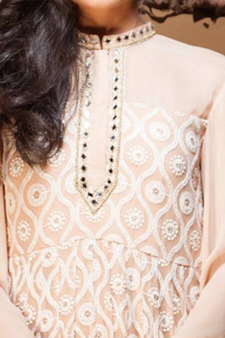 Shop Jyoti Sachdev Iyer Beige Georgette Band Collar Embroidered Anarkali at Aza Fashions Shop_Jyoti Sachdev Iyer_Beige Georgette Band Collar Embroidered Anarkali _at_Aza_Fashions