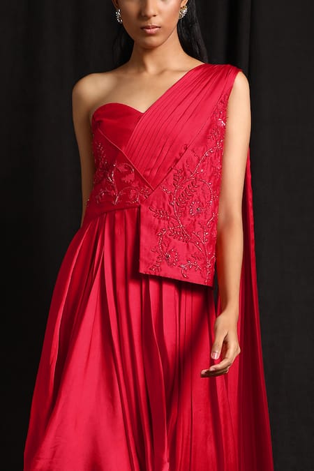 Shop Jyoti Sachdev Iyer Red Chanderi Asymmetric Embroidered Gown at Aza Fashions Shop_Jyoti Sachdev Iyer_Red Chanderi Asymmetric Embroidered Gown _at_Aza_Fashions