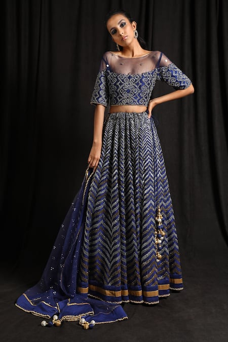 Buy Blue Chanderi Boat Embroidered Bridal Lehenga Set For Women by ...