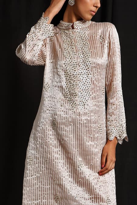 Shop Jyoti Sachdev Iyer Beige Chanderi Mandarin Collar Kurta And Pant Set at Aza Fashions Shop_Jyoti Sachdev Iyer_Beige Chanderi Mandarin Collar Kurta And Pant Set _at_Aza_Fashions