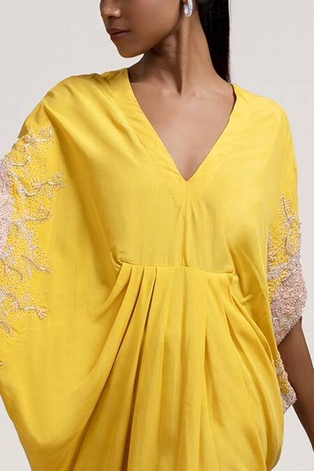 Jyoti Sachdev Iyer_Yellow Bamboo V Neck Embroidered Dress _Online_at_Aza_Fashions