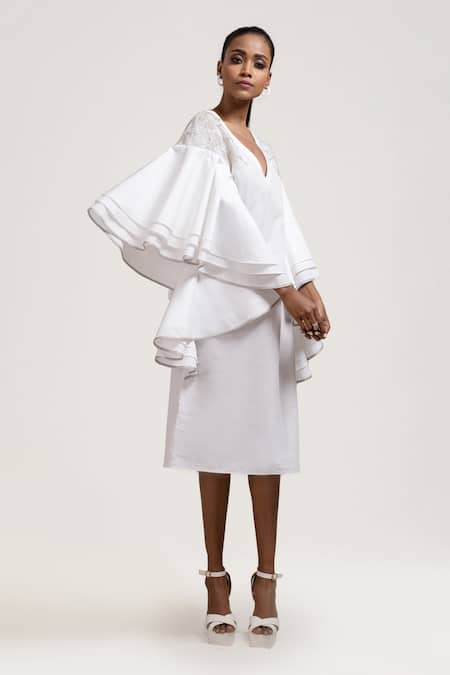 Shop Jyoti Sachdev Iyer White Cotton V Neck Embroidered Midi Dress at Aza Fashions Shop_Jyoti Sachdev Iyer_White Cotton V Neck Embroidered Midi Dress _at_Aza_Fashions