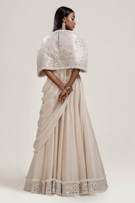 Shop Jyoti Sachdev Iyer White Saree + Bemberg Cape Round Pre-draped With Top at Aza Fashions Shop_Jyoti Sachdev Iyer_White Saree + Bemberg Cape Round Pre-draped With Top _at_Aza_Fashions