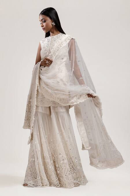 Jyoti Sachdev Iyer White Chanderi Round Hand Embroidered Sharara Set Online at Aza Fashions Jyoti Sachdev Iyer_White Chanderi Round Hand Embroidered Sharara Set _Online_at_Aza_Fashions