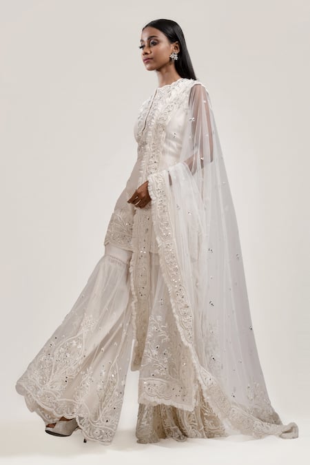 Jyoti Sachdev Iyer White Chanderi Round Hand Embroidered Sharara Set 