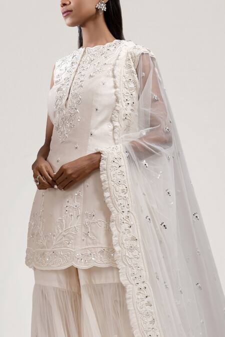 Shop Jyoti Sachdev Iyer White Chanderi Round Hand Embroidered Sharara Set Online at Aza Fashions Shop_Jyoti Sachdev Iyer_White Chanderi Round Hand Embroidered Sharara Set _Online_at_Aza_Fashions