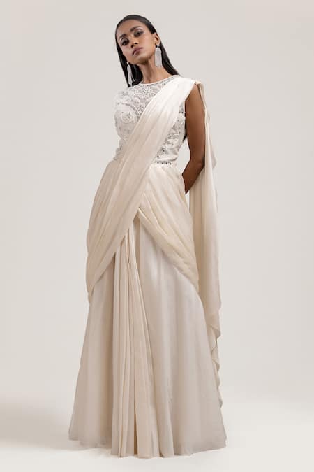 Buy Jyoti Sachdev Iyer White Tulle, Chanderi, Bemberg Round Pre-draped Embroidered Saree Online at Aza Fashions Buy_Jyoti Sachdev Iyer_White Tulle, Chanderi, Bemberg Round Pre-draped Embroidered Saree_Online_at_Aza_Fashions