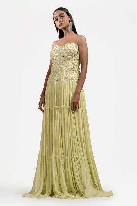 Jyoti Sachdev Iyer Green Chanderi Sweetheart Neck Hand Embroidered Bandeau Gown Online at Aza Fashions Jyoti Sachdev Iyer_Green Chanderi Sweetheart Neck Hand Embroidered Bandeau Gown _Online_at_Aza_Fashions