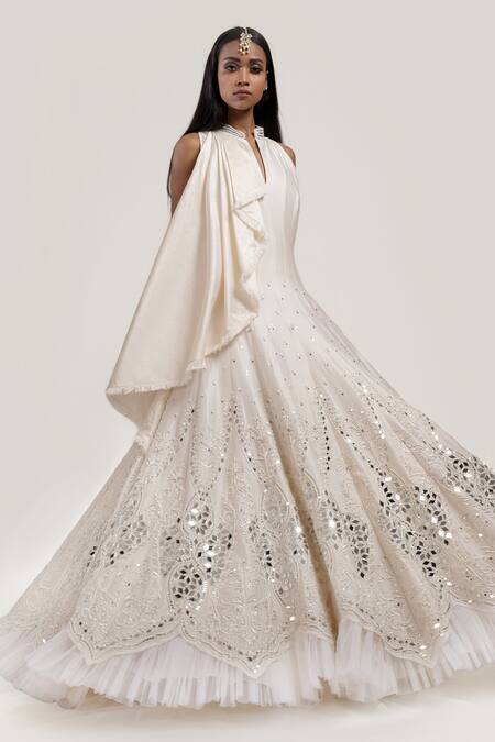 Jyoti Sachdev Iyer White Chanderi Band Collar Embroidered Gown Online at Aza Fashions Jyoti Sachdev Iyer_White Chanderi Band Collar Embroidered Gown _Online_at_Aza_Fashions