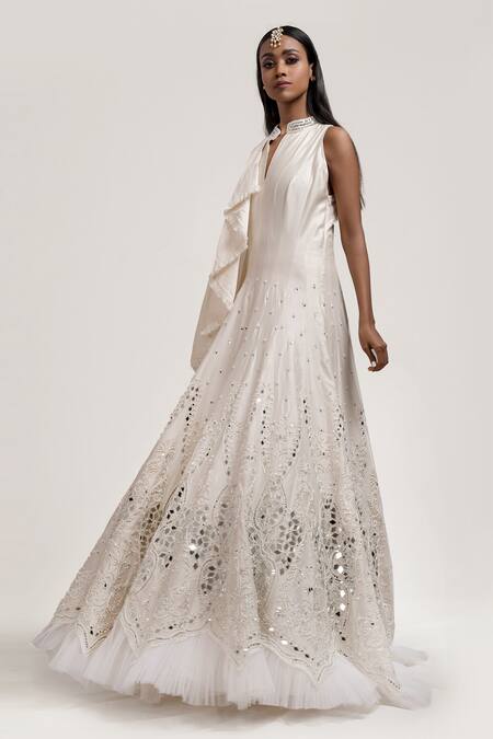 Shop Jyoti Sachdev Iyer White Chanderi Band Collar Embroidered Gown at Aza Fashions Shop_Jyoti Sachdev Iyer_White Chanderi Band Collar Embroidered Gown _at_Aza_Fashions