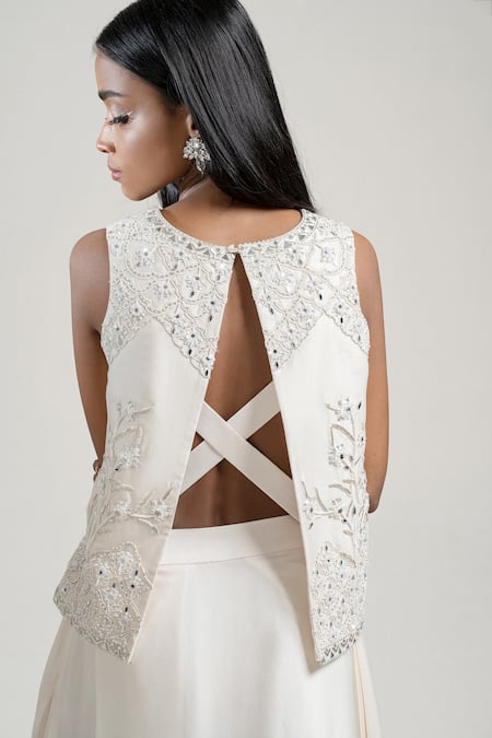 Shop_Jyoti Sachdev Iyer_White Chanderi Round Hand Embroidered Top With Draped Pant _at_Aza_Fashions