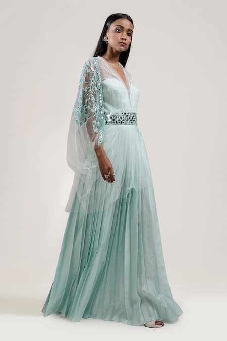 Shop Jyoti Sachdev Iyer Blue Chanderi Cape V Neck Gown Notched Sweetheart With Hand Embroidered at Aza Fashions Shop_Jyoti Sachdev Iyer_Blue Chanderi Cape V Neck Gown Notched Sweetheart With Hand Embroidered _at_Aza_Fashions