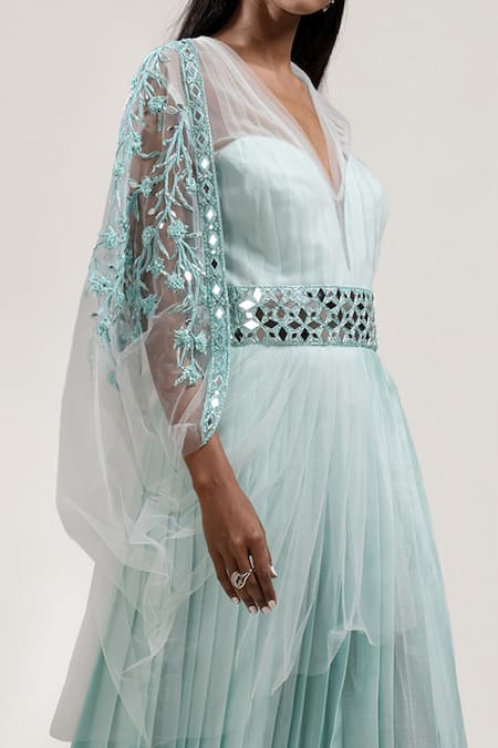 Jyoti Sachdev Iyer Blue Chanderi Cape V Neck Gown Notched Sweetheart With Hand Embroidered Online at Aza Fashions Jyoti Sachdev Iyer_Blue Chanderi Cape V Neck Gown Notched Sweetheart With Hand Embroidered _Online_at_Aza_Fashions