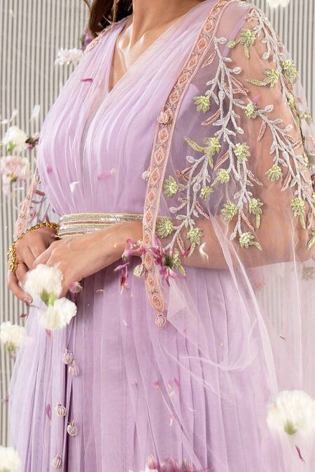 Jyoti Sachdev Iyer Purple Tulle, Chanderi V Neck Pleated Gown Online at Aza Fashions Jyoti Sachdev Iyer_Purple Tulle, Chanderi V Neck Pleated Gown _Online_at_Aza_Fashions