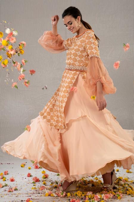 Buy Gold Embroidered Cutdana Round Neck Cut Kurta Lehenga Set For Women by  Seema Gujral Online at Aza Fashions.